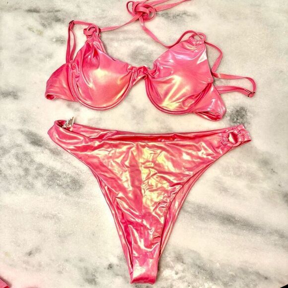 PrettyLittleThing Metallic 3-Piece Underwired Cover Up Pink Bikini Set Size 12 - Picture 3 of 11